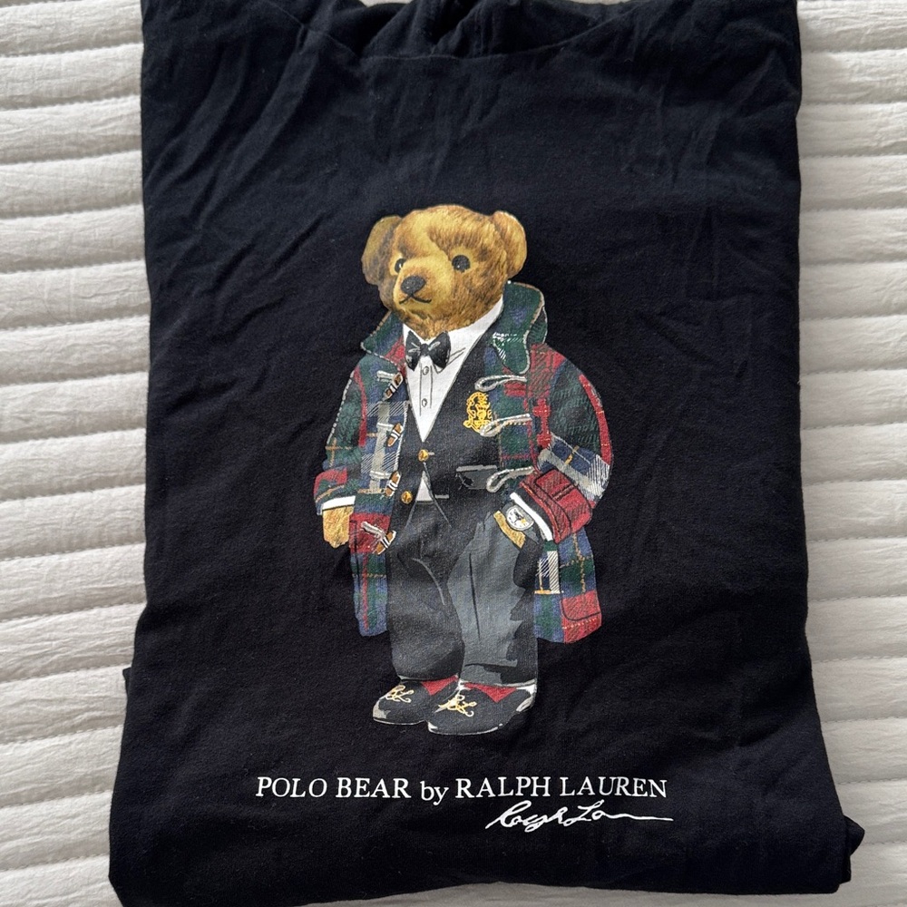 Ralph Lauren Black Long Sleeve, hooded Shirt with Polo Bear Graphic